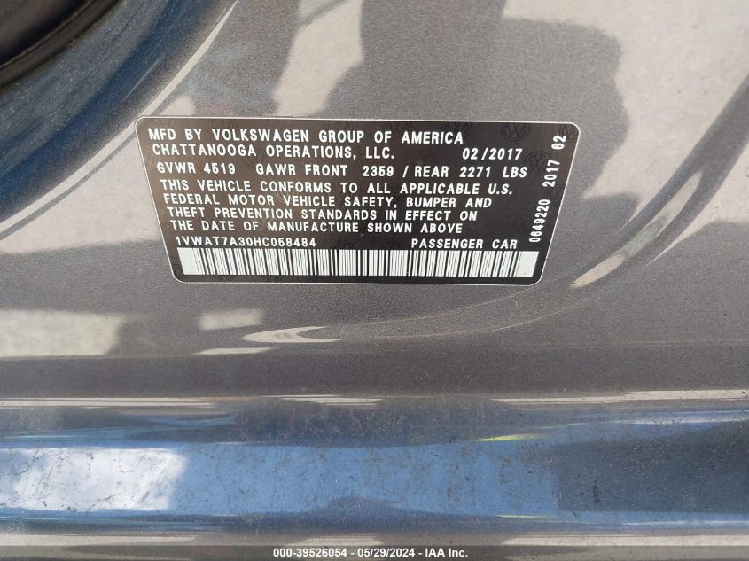 2017 Volkswagen Passat 1.8T S VIN: 1VWAT7A30HC058484 Lot: 39526054