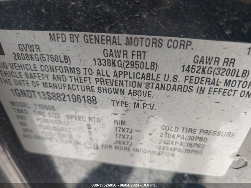 2008 Chevrolet Trailblazer Fleet VIN: 1GNDT13S882196188 Lot: 39526056