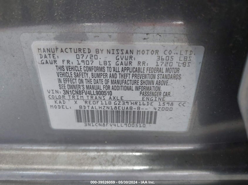 2020 Nissan Versa Sr Xtronic Cvt VIN: 3N1CN8FV4LL900510 Lot: 39526059