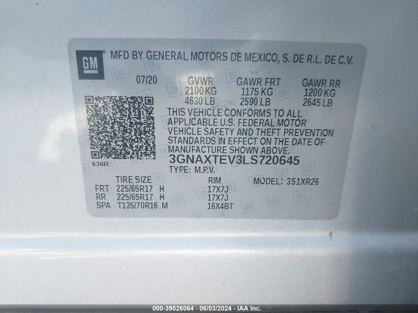 2020 Chevrolet Equinox Awd 2Fl VIN: 3GNAXTEV3LS720645 Lot: 39526064