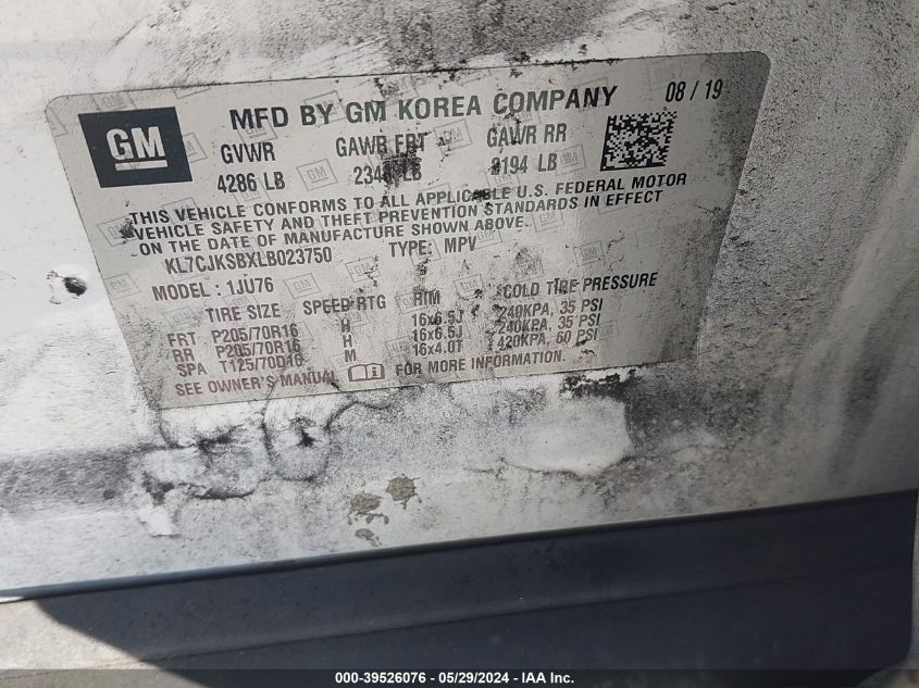 2020 Chevrolet Trax Fwd Ls VIN: KL7CJKSBXLB023750 Lot: 39526076