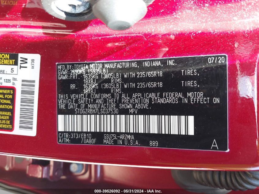 2020 Toyota Highlander Xle VIN: 5TDGZRBH7LS037530 Lot: 39526092