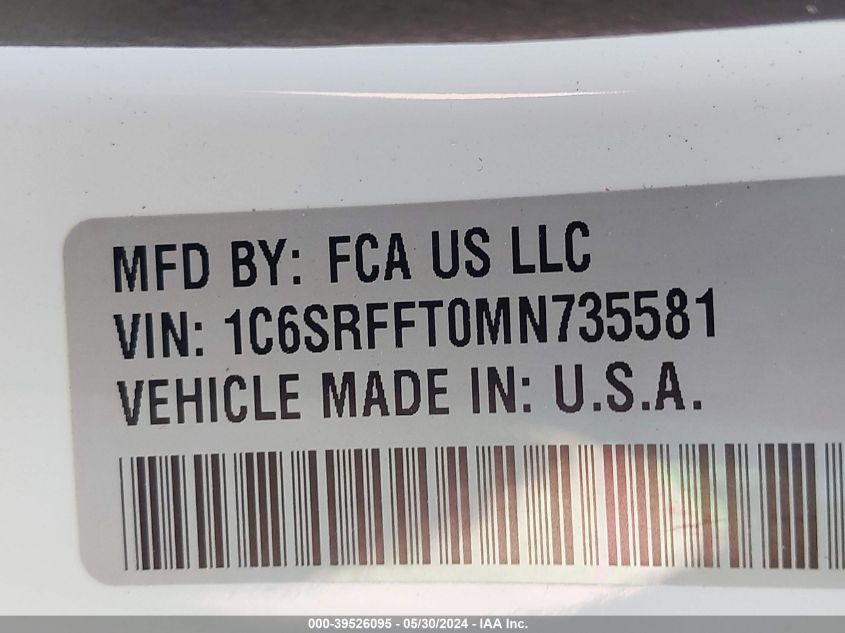 2021 Ram 1500 Big Horn 4X4 5'7 Box VIN: 1C6SRFFT0MN735581 Lot: 39526095