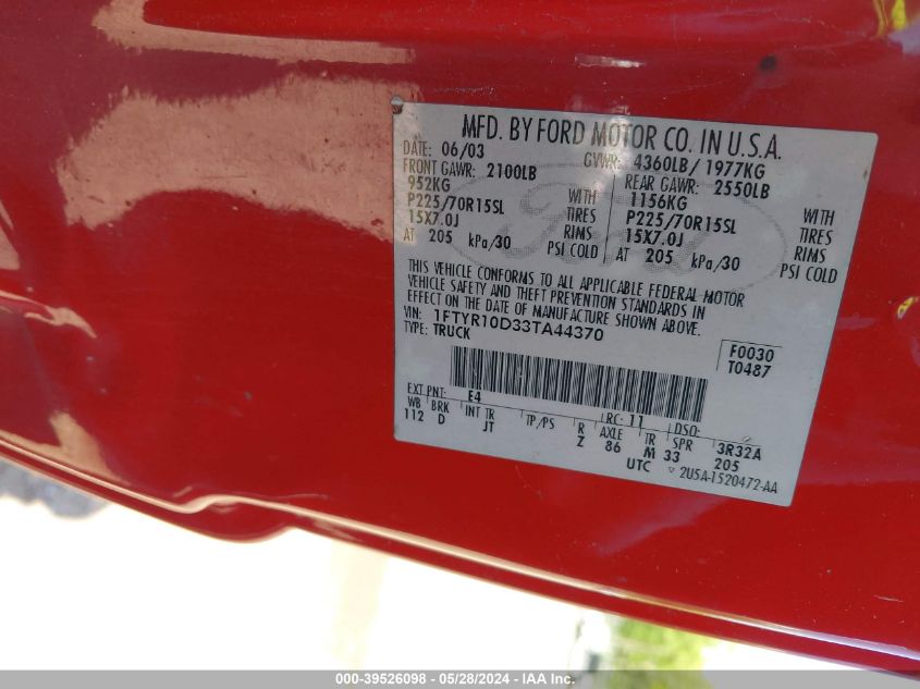2003 Ford Ranger Xl/Xlt VIN: 1FTYR10D33TA44370 Lot: 39526098