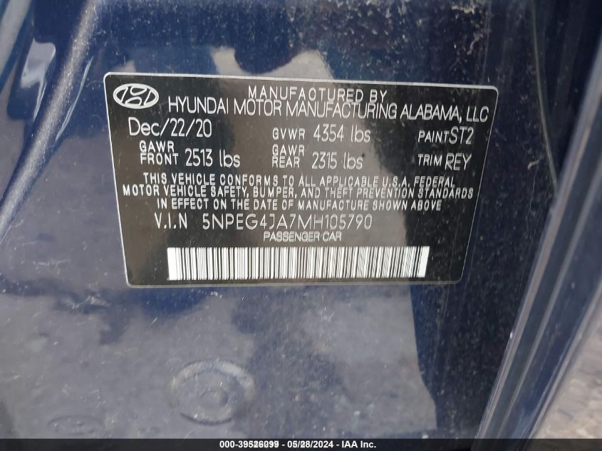 2021 Hyundai Sonata Se VIN: 5NPEG4JA7MH105790 Lot: 39526099