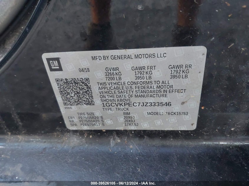 2018 Chevrolet Silverado 1500 Custom VIN: 1GCVKPEC7JZ333546 Lot: 39526105