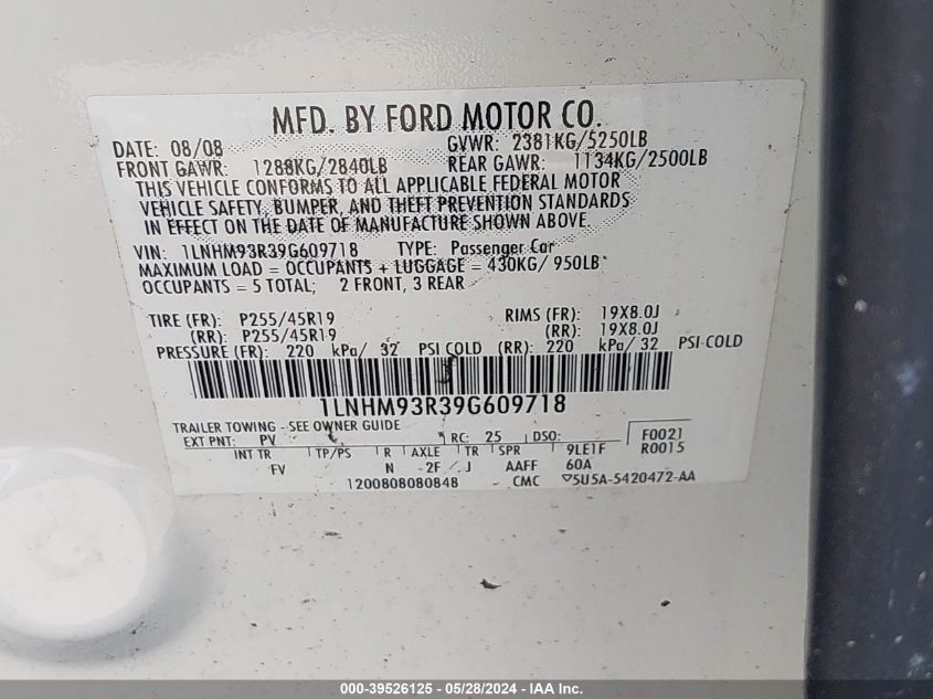 2009 Lincoln Mks VIN: 1LNHM93R39G609718 Lot: 39526125