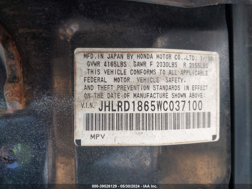 1998 Honda Cr-V Ex VIN: JHLRD1865WC037100 Lot: 39526129