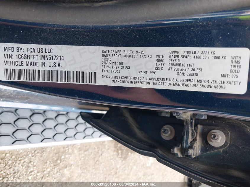 2021 Ram 1500 Big Horn 4X4 5'7 Box VIN: 1C6SRFFT1MN517214 Lot: 39526138
