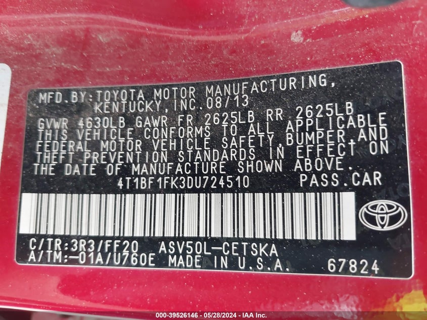 2013 Toyota Camry Se VIN: 4T1BF1FK3DU724510 Lot: 39526146