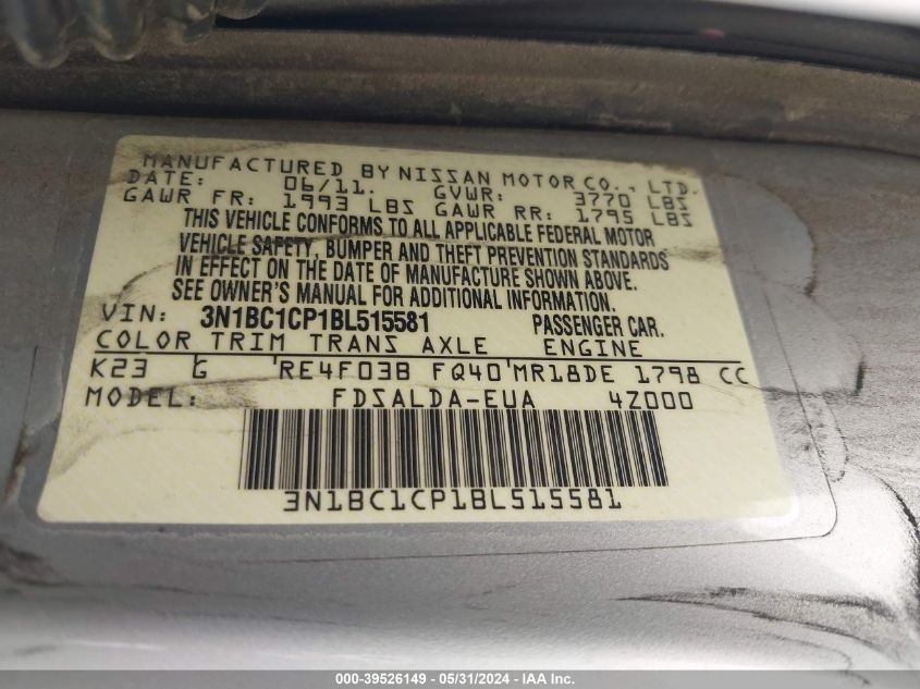 2011 Nissan Versa S/Sl VIN: 3N1BC1CP1BL515581 Lot: 39526149