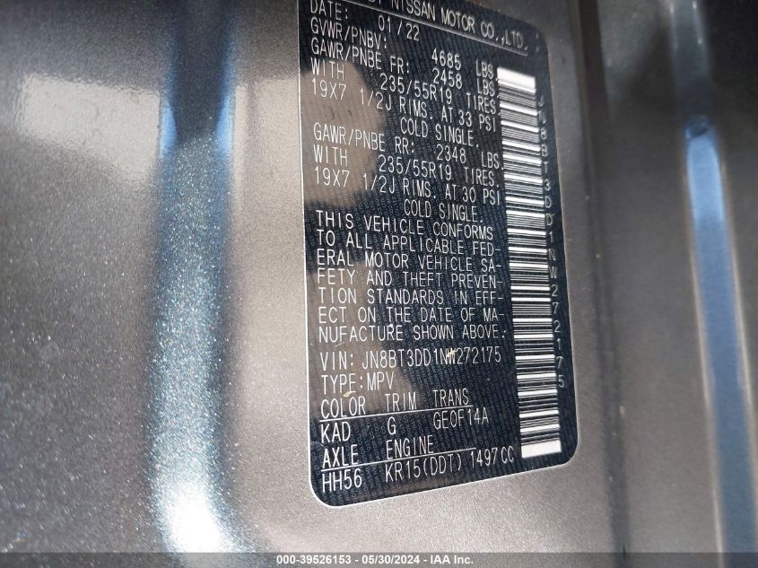 2022 Nissan Rogue Platinum Intelligent Awd VIN: JN8BT3DD1NW272175 Lot: 39526153