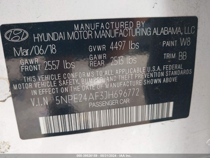 2018 Hyundai Sonata Se VIN: 5NPE24AF3JH696772 Lot: 39526159