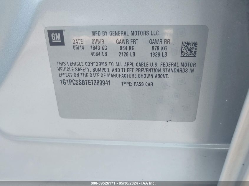 2014 Chevrolet Cruze 1Lt Auto VIN: 1G1PC5SB7E7389941 Lot: 39526171