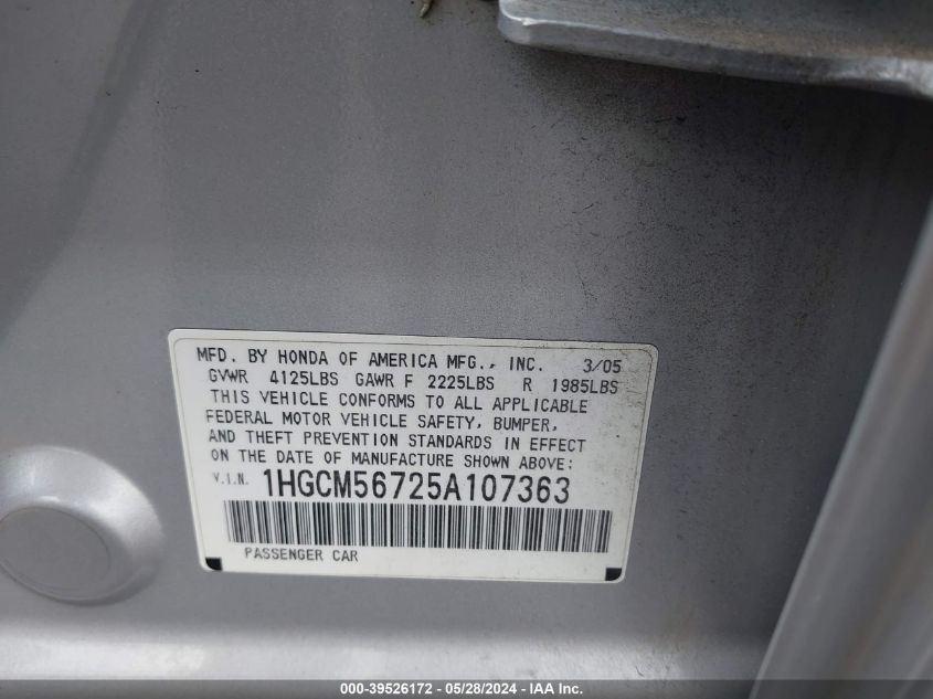 2005 Honda Accord 2.4 Ex VIN: 1HGCM56725A107363 Lot: 39526172