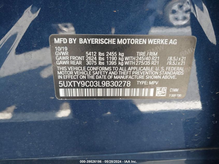2020 BMW X3 M40I VIN: 5UXTY9C03L9B30278 Lot: 39526186