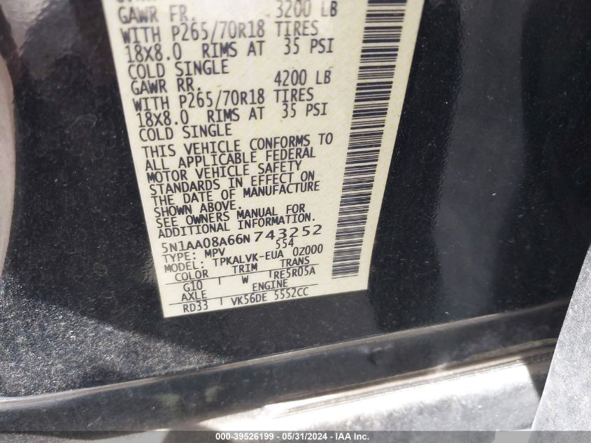 2006 Nissan Armada Le VIN: 5N1AA08A66N743252 Lot: 39526199