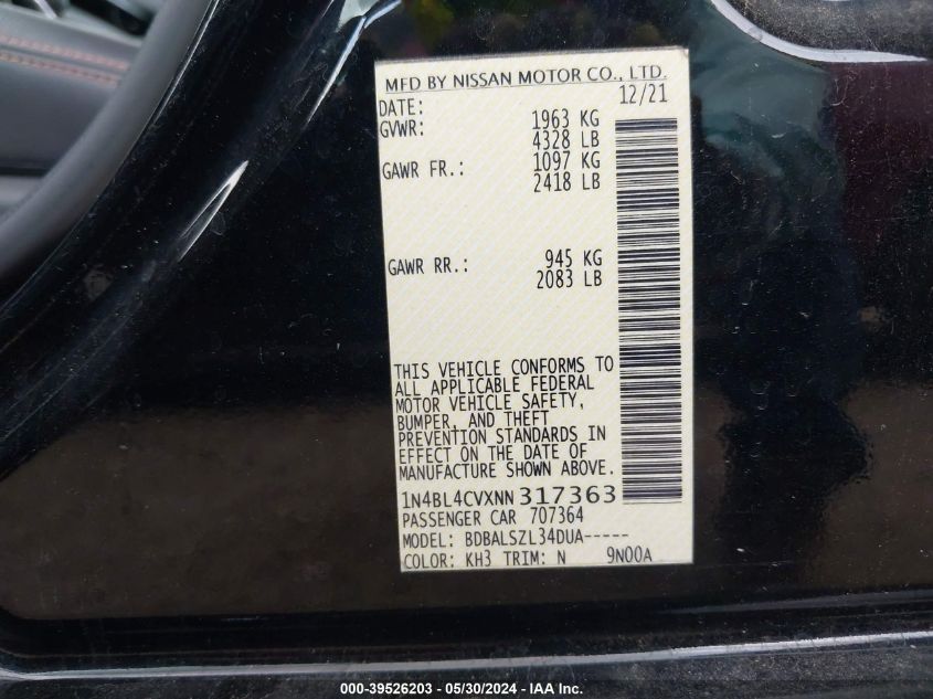 2022 Nissan Altima Sr Fwd VIN: 1N4BL4CVXNN317363 Lot: 39526203