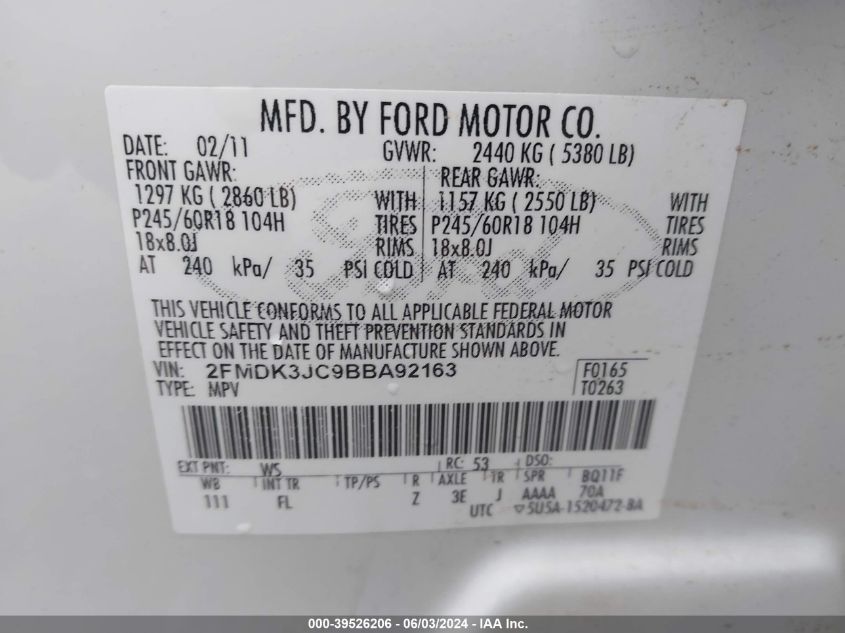 2011 Ford Edge Sel VIN: 2FMDK3JC9BBA92163 Lot: 39526206