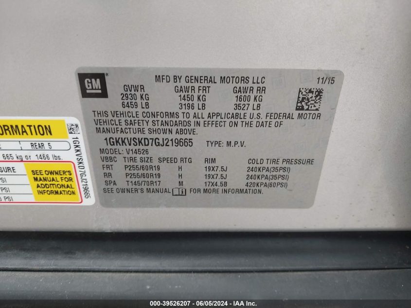 2016 GMC Acadia Slt-2 VIN: 1GKKVSKD7GJ219665 Lot: 39526207