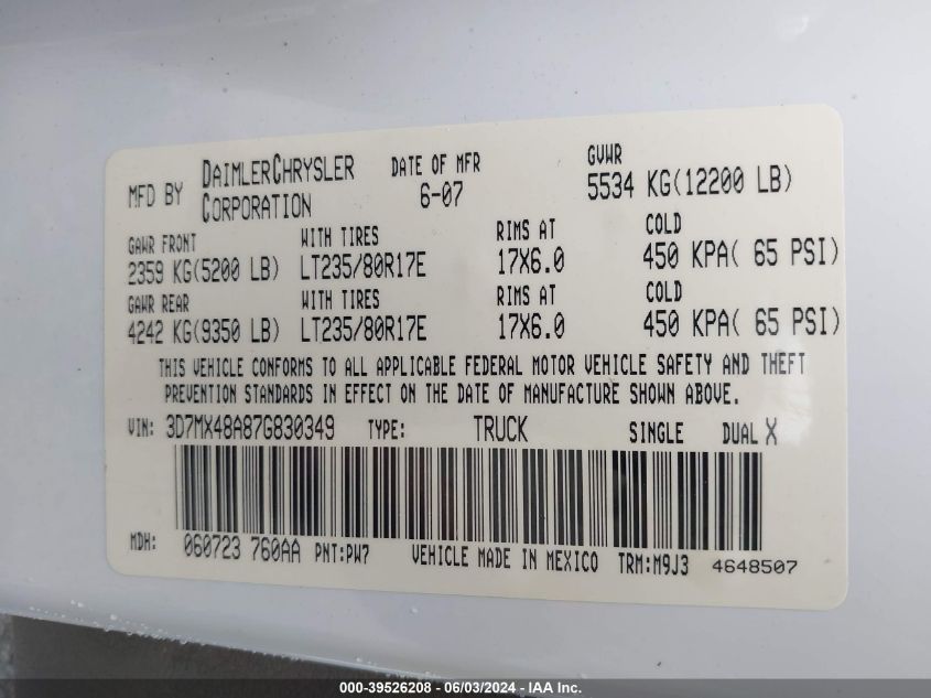 2007 Dodge Ram 3500 Slt/Sport VIN: 3D7MX48A87G830349 Lot: 39526208