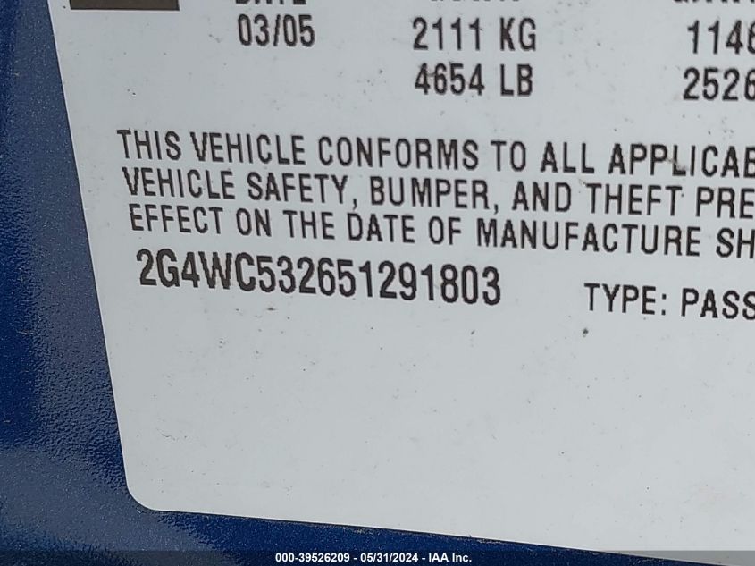 2005 Buick Lacrosse Cx VIN: 2G4WC532651291803 Lot: 39526209