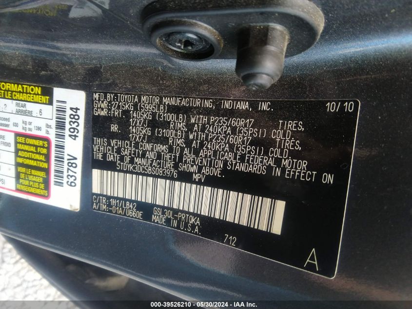 2011 Toyota Sienna Xle V6 VIN: 5TDYK3DC5BS083976 Lot: 39526210