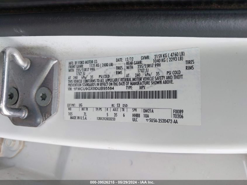 2013 Ford Escape Se VIN: 1FMCU9GX0DUB95584 Lot: 39526215