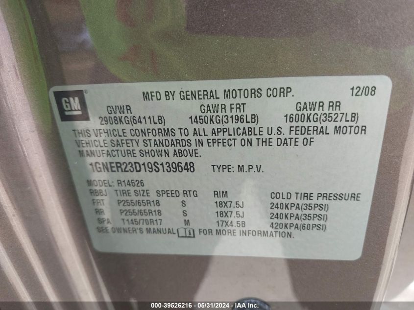 2009 Chevrolet Traverse Lt VIN: 1GNER23D19S139648 Lot: 39526216