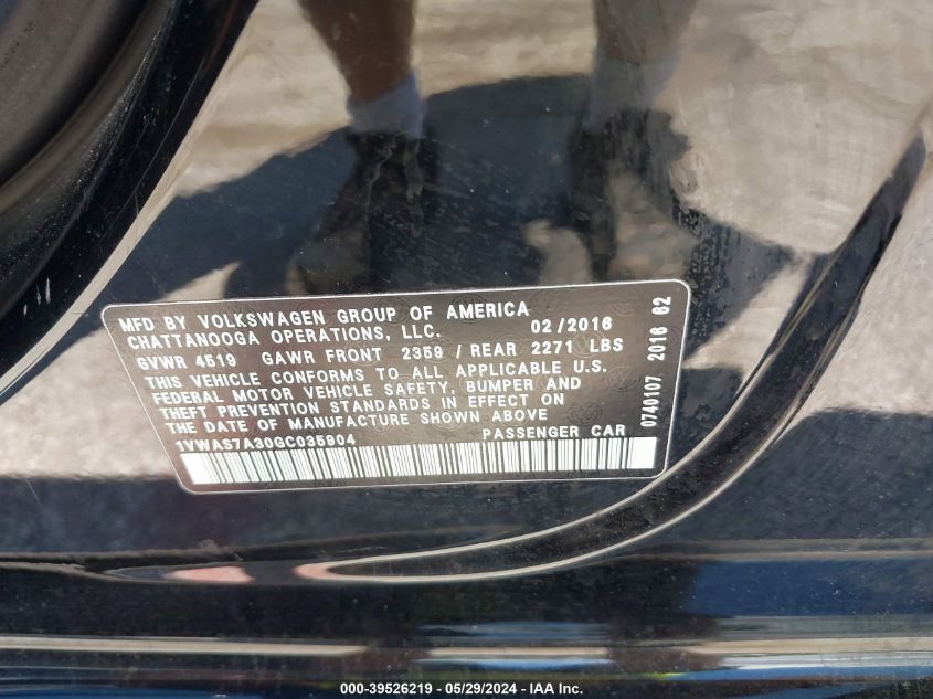 2016 Volkswagen Passat 1.8T S VIN: 1VWAS7A30GC035904 Lot: 39526219