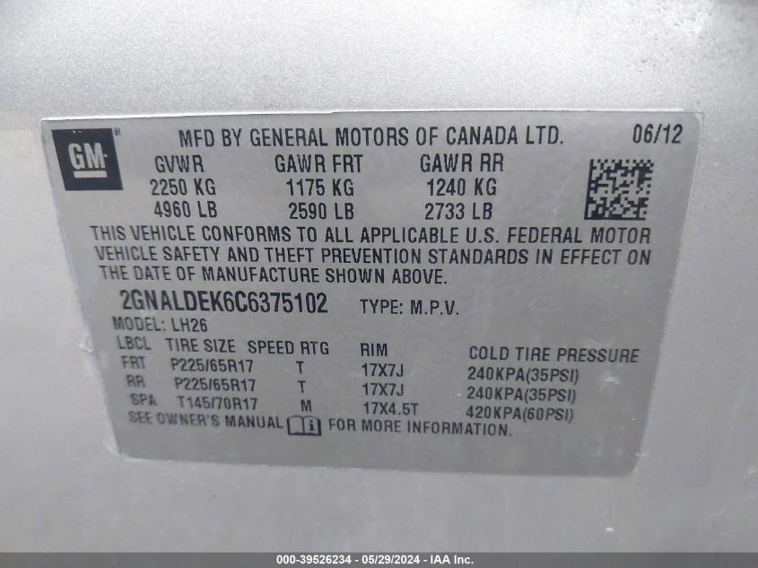 2012 Chevrolet Equinox 1Lt VIN: 2GNALDEK6C6375102 Lot: 39526234