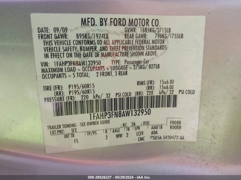 2010 Ford Focus Se VIN: 1FAHP3FN8AW132950 Lot: 39526237