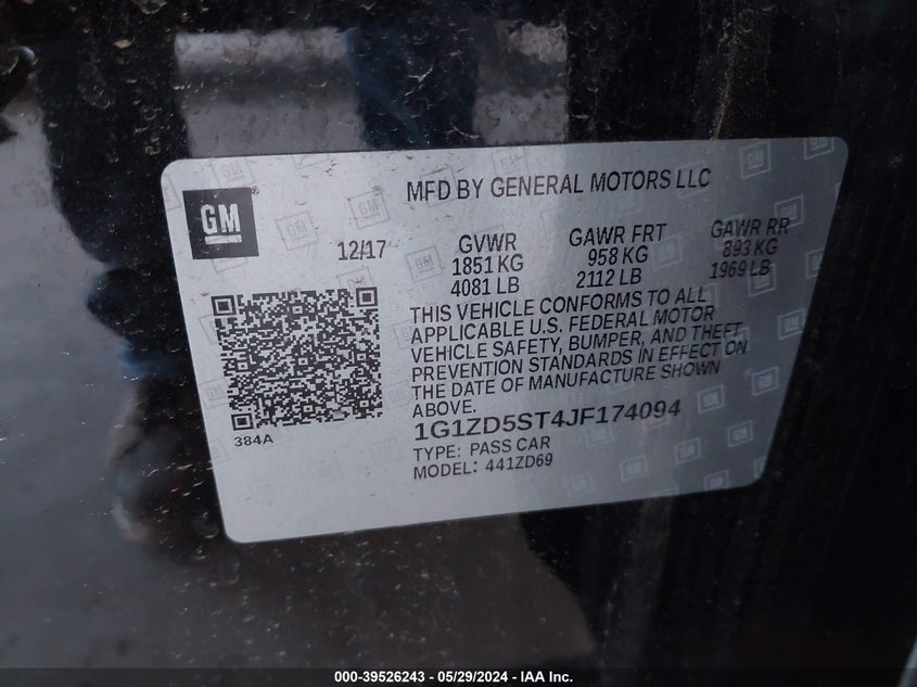 2018 Chevrolet Malibu Lt VIN: 1G1ZD5ST4JF174094 Lot: 39526243