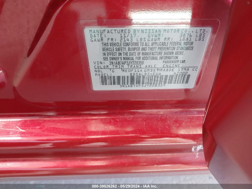 2018 Nissan Sentra Sv VIN: 3N1AB7AP3JY228359 Lot: 39922065