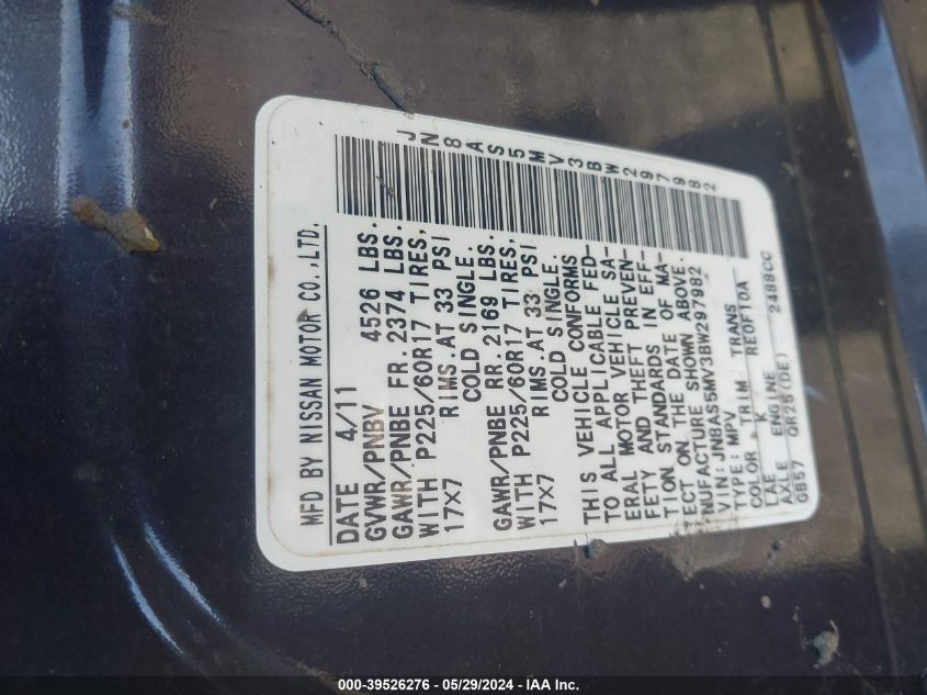 2011 Nissan Rogue Sv VIN: JN8AS5MV3BW297982 Lot: 39526276