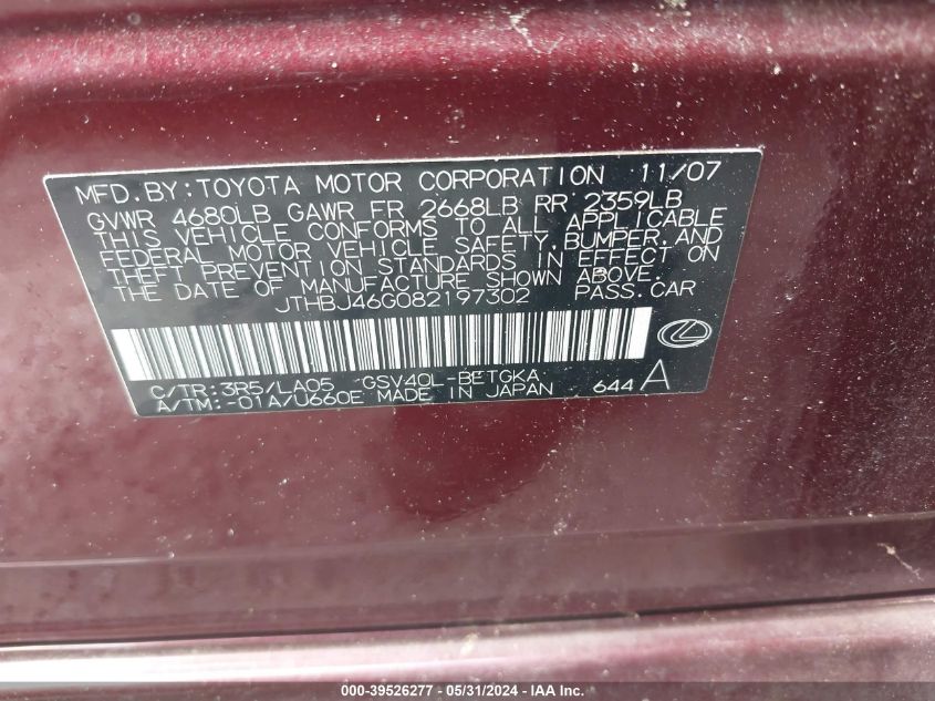 2008 Lexus Es 350 VIN: JTHBJ46G082197302 Lot: 39526277