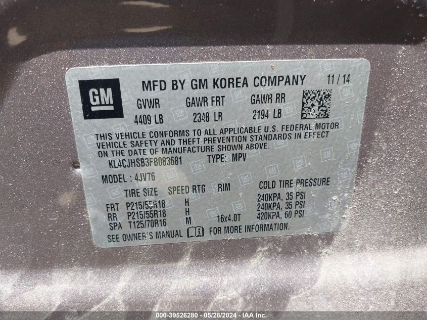 2015 Buick Encore Premium VIN: KL4CJHSB3FB083681 Lot: 39526280