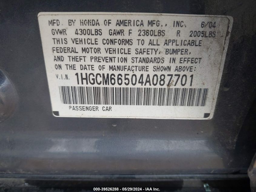 2004 Honda Accord 3.0 Ex VIN: 1HGCM66504A087701 Lot: 39526288