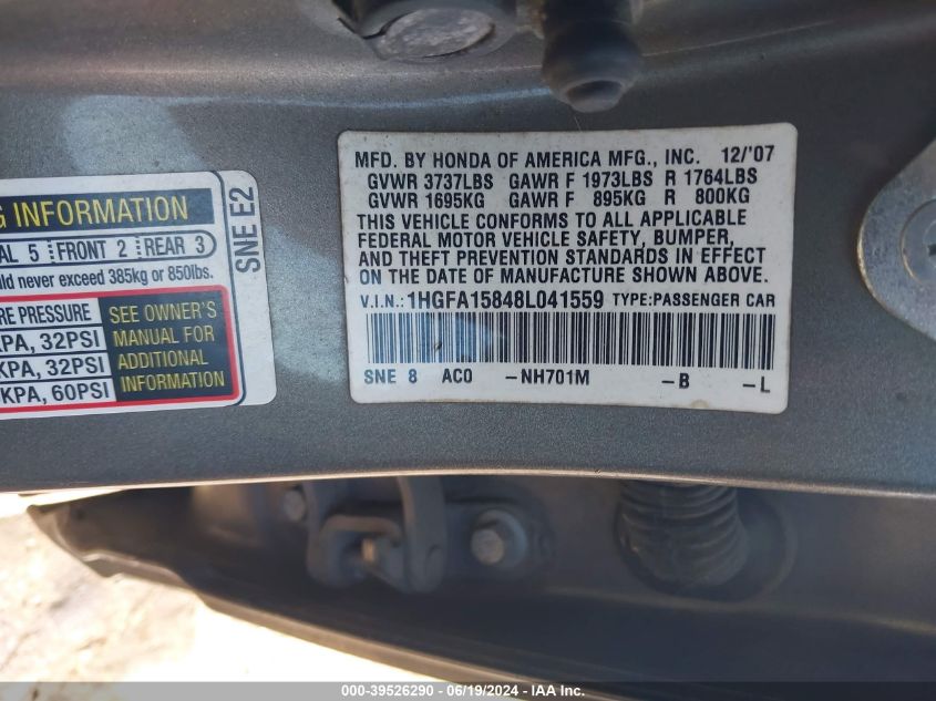 2008 Honda Civic Ex VIN: 1HGFA15848L041559 Lot: 39526290