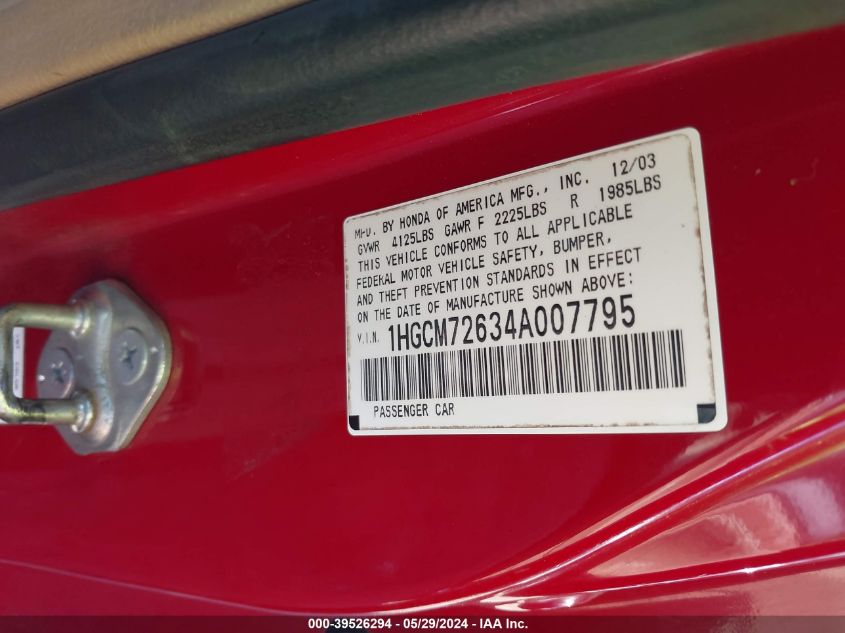 2004 Honda Accord 2.4 Ex VIN: 1HGCM72634A007795 Lot: 39526294