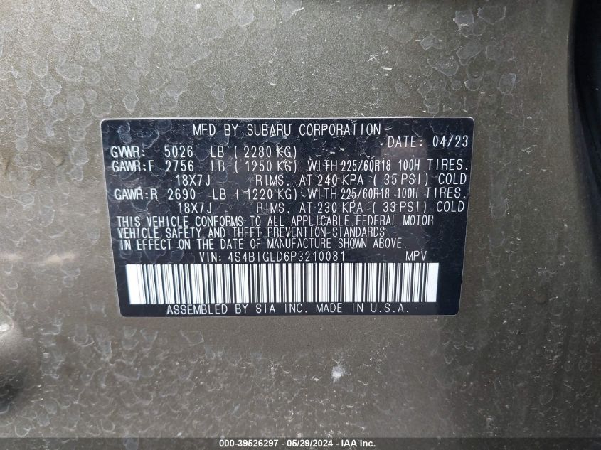 2023 Subaru Outback Onyx Edition Xt VIN: 4S4BTGLD6P3210081 Lot: 39526297