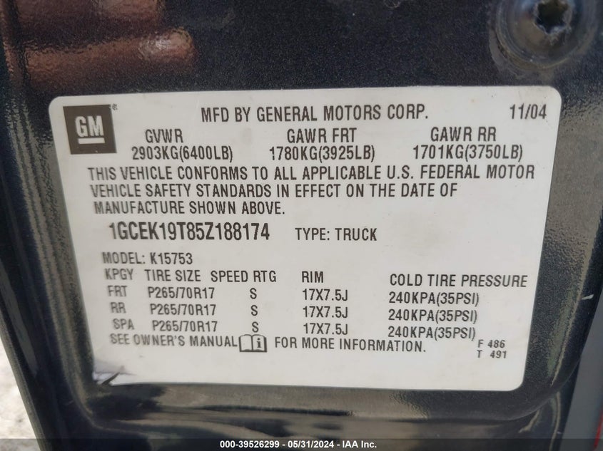 2005 Chevrolet Silverado 1500 Ls VIN: 1GCEK19T85Z188174 Lot: 39526299