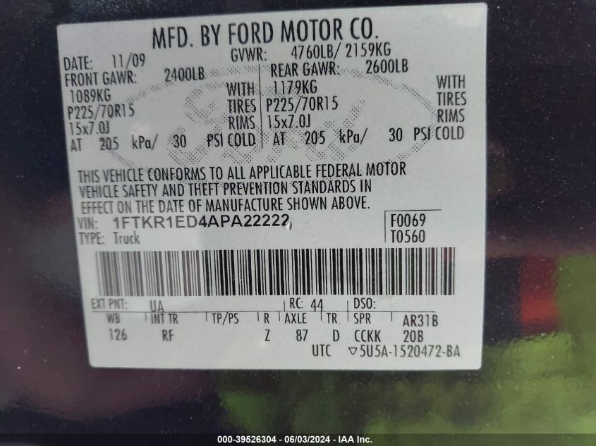 2010 Ford Ranger Xl/Xlt VIN: 1FTKR1ED4APA22222 Lot: 39526304