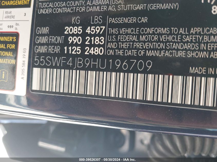 2017 Mercedes-Benz C 300 Luxury/Sport VIN: 55SWF4JB9HU196709 Lot: 39526307