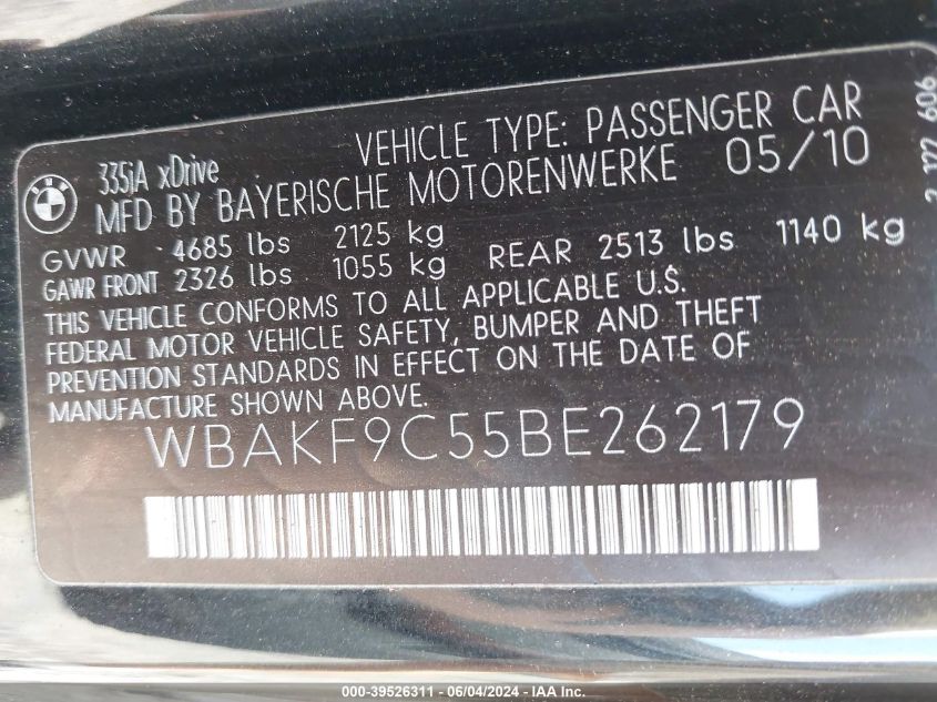 2011 BMW 335I xDrive VIN: WBAKF9C55BE262179 Lot: 39526311