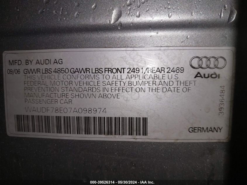 2007 Audi A4 2.0T VIN: WAUDF78E07A098974 Lot: 39526314