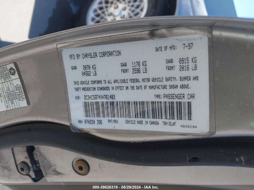 1997 Chrysler Lhs VIN: 2C3HC56FXVH761483 Lot: 39526319