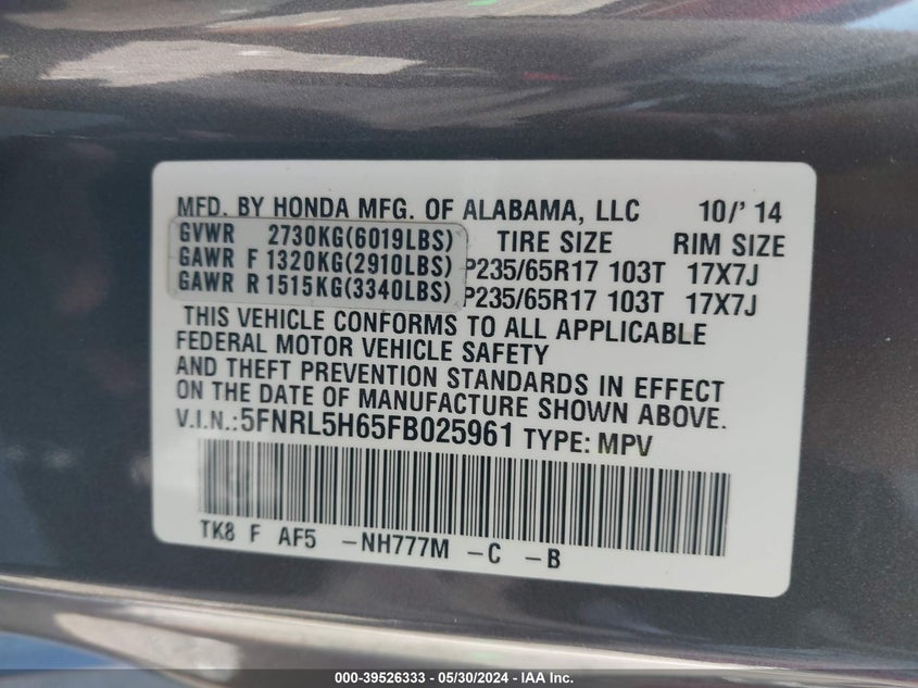 2015 Honda Odyssey Ex-L VIN: 5FNRL5H65FB025961 Lot: 39526333