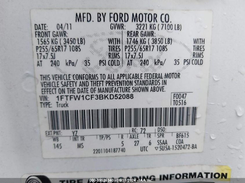 2011 Ford F-150 Xlt VIN: 1FTFW1CF3BKD52088 Lot: 39526340