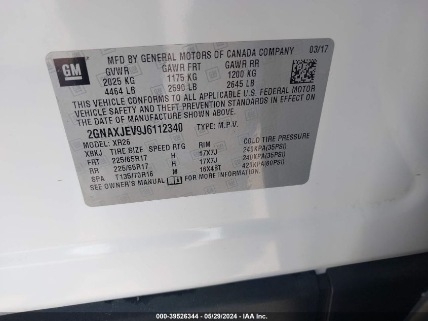 2018 Chevrolet Equinox Lt VIN: 2GNAXJEV9J6112340 Lot: 39526344